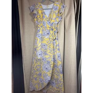Kentucky Derby Dress Japna Yellow Floral Wrap Maxi  Flutter Sleeve V-Neck XS